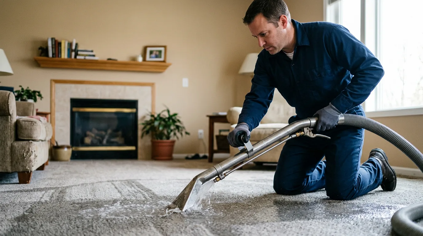 Water damage restoration technician working near Bussey, IA